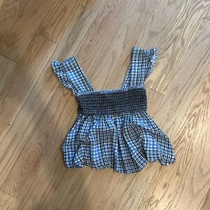 Urban Outfitters Blue and Black Plaid Smocked Babydoll Top